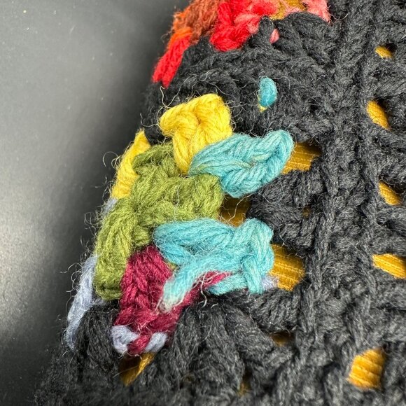 Vintage Granny Square Crochet Throw Pillow Rainbow Black Handmade Decorative - Picture 7 of 10